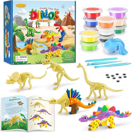 Drama Planet Dinosaur Air Dry Clay Kit – Create 5 Dinosaur Models with 12 Colors of Modeling Clay, Instruction Guide – Fun & Educational Craft Set for Kids-CubbioJoy