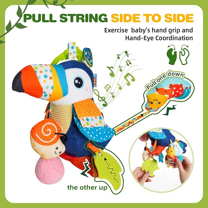 Jollybaby Musical Activity Pull String Hanging Toy for Baby Stroller Car Seat Crib Play Gym, Plush Stuffed Toucan Toy for Carseat with Music Teether Rattles, Sensory Toy for Baby Gift-CubbioJoy