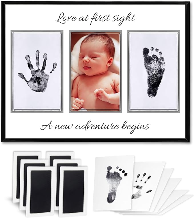 Baby Hand and Footprint Kit with Photo & Birth Details, Inkless Hand and Footprint Kit, Newborn Keepsake Plaque, Baby Shower Gifts (STYLE 2 (Baby Shower) (Love At First Sight))-CubbioJoy