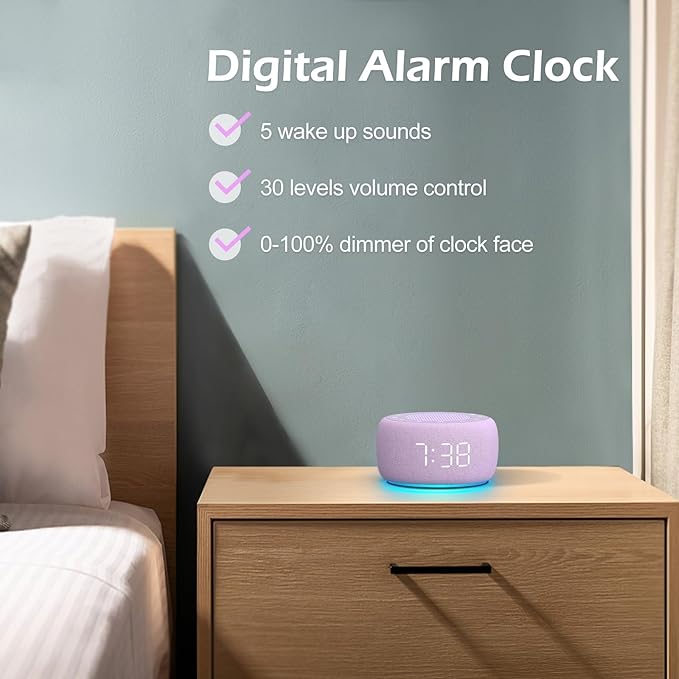 Buffbee Sound Machine & Alarm Clock 2-in-1, 0-100% Clock Face Brightness, Bottom Colored Light, Sleep Timer, Precise 30-Level Volume White Noise Machine, Digital Alarm Clocks for Bedrooms - Purple-CubbioJoy