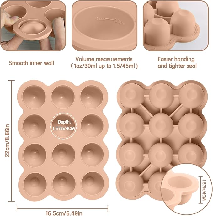 Baby Food Storage 12 x 1.5OZ Silicone Freezer Tray with Lid, Food Grade Silicone Containers for Purees & Vegetables Light Brown-CubbioJoy