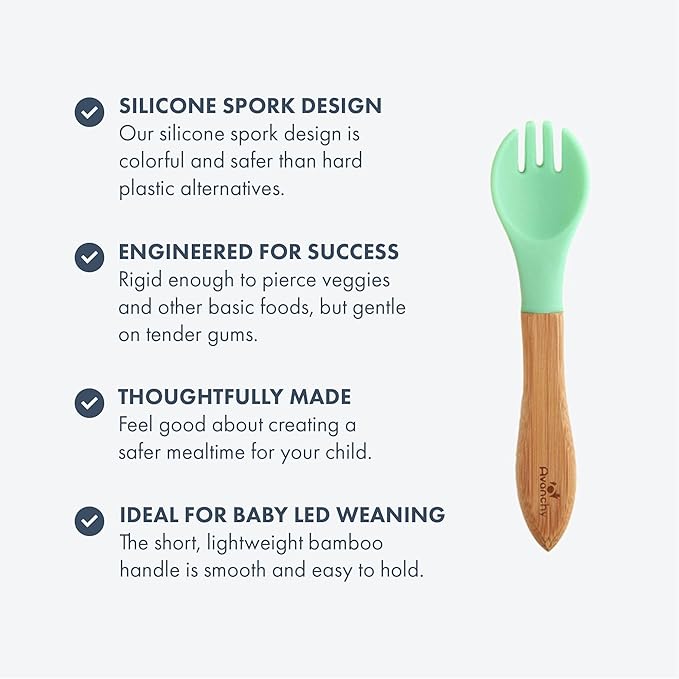 Avanchy Baby Fork Set, Bamboo and Silicone Spork Utensils, Toddler Baby Led Weaning Silverware Cutlery Flatware, Kids First Self Feeding-CubbioJoy