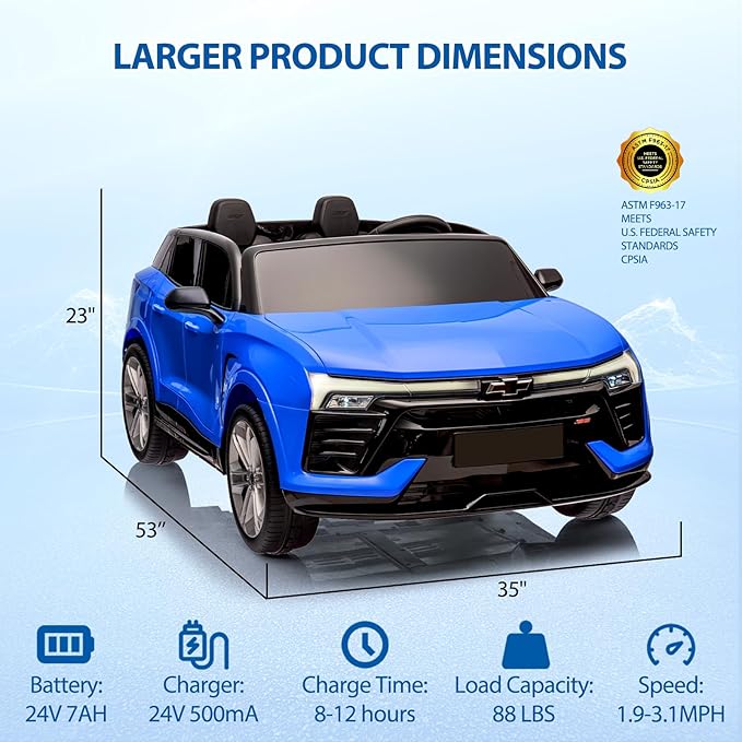 Jojoka Baby Car 24V 2-Seater SUV Licensed Chevrolet Blazer Ride On Toy w/Parent Remote Control,4xSpring Suspension, Wireless Music, Electric Vehicle Car for Kids Ages 3-8,Blue-CubbioJoy