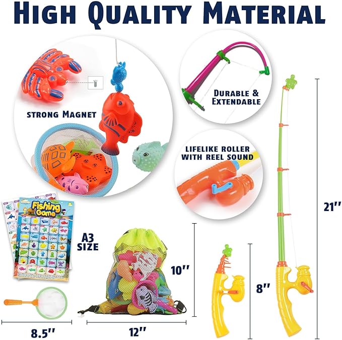 CozyBomB™ Magnetic Fishing Toys Game Set for Kids | Water Table Bathtub Kiddie Pool Party & Pole Rod Net, Plastic Floating Fish Toddler Color Ocean Sea Animals Birthday Age 3 4 5 6 Year-CubbioJoy