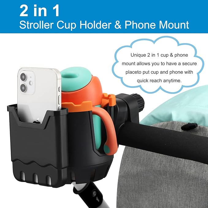 Accmor Stroller Cup Holder with Phone Holder, Universal Cup Holder, Bike Cup Holder, 360° Rotatable Large Caliber Drinks Holder for Stroller, Bike, Wheelchair, Walker-CubbioJoy