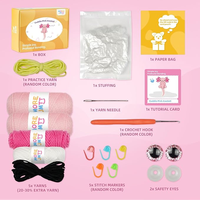 Crochet Kit for Beginners, Learn to Crochet, Include Easy Knitting Soft Yarn, Step-by-Step Video Tutorial, Hook, Holiday Birthday Gift for Adults and Kids(Happy Axolotl)-CubbioJoy