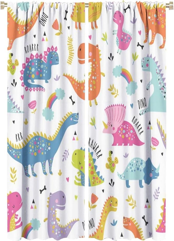 Cartoon Dinosaur Curtains for Kids Boys Girls Home Decor Childish Cute Dino Animals Print Pattern Rod Pocket Blackout Window Drapes for Nursery Baby Bedroom Playroom W21xL63in 2 Panels-CubbioJoy