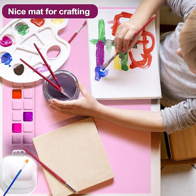 AWOKE Silicone Painting Mat for Table Protection - 20"X16" Washable Art Mat with 1 Water Cup for Kids - Craft Mat has 12 Color Dividers - 2 Paint Palettes (Pink), Toddler Activities, Girl Boy Gifts-CubbioJoy