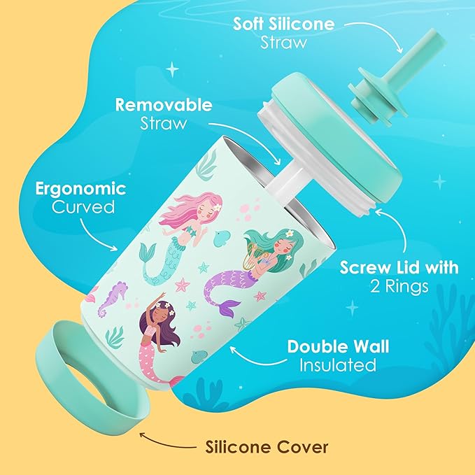 Kid Insulated Stainless Steel Tumbler with Silicone Straw, 12oz Sippy Cup for Kids (Magical Mermaids)-CubbioJoy