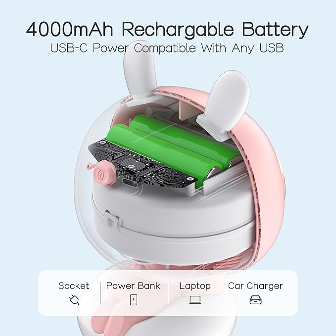 Cute Bunny Stroller Fan Clip On for Baby, Bladeless Fan 4000mAh Rechargeable Battery Operated, Flexible Tripod, 4 Speeds, Auto Oscillating, Small Cooling Fan for Kids-CubbioJoy