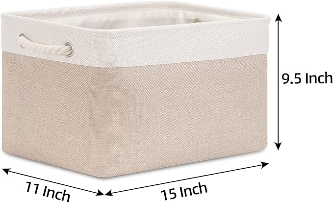 Bidtakay Large Fabric Baskets with Handles [3-Pack] Collapsible Storage Basket for Shelves 15 X 11 X 9.5 inches Canvas Bins for Closet Organization (White&Beige)-CubbioJoy
