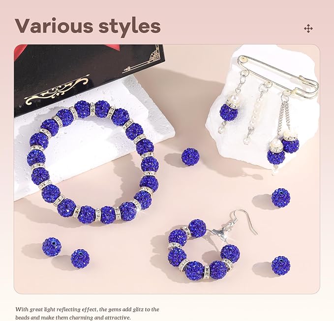 160pcs 10mm Rhinestone Beads for Jewelry Making, Dark Blue Shiny Round Disco Ball Beads Bulk, Sparkle Crystal Clay Christmas for Bracelet Baseball Necklace Earring Crafting and DIY-CubbioJoy