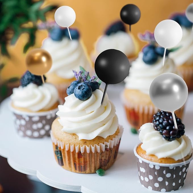 75 Pieces Cake Balls Topper Decorations Foam Cupcake Topper Mini Balloon Cake Topper Balls Cake Picks for Cake Deco Birthday Party Wedding（Black, Gold. Silver, White）-CubbioJoy
