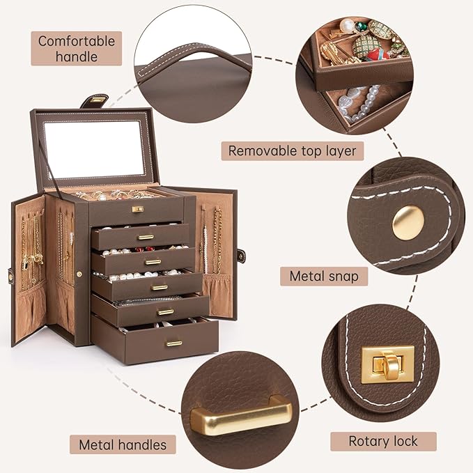AKOZLIN 6-Tier Jewelry Box Organizer Functional 5 Drawers Leather Jewelry Storage Case for Women Girls Ring Necklace Earring Bracelet Holder Organizer with Mirror Brown-CubbioJoy