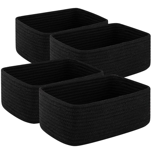 4 Pack Small Storage Shelf Baskets for Organizing, Mini Woven Rope Storage Bins for Towels, Cute Decorative Closet Organizer，Baby Nursery, Gift Empty Baskets -11.81''Lx7.87''Wx4.72''H-Black-CubbioJoy