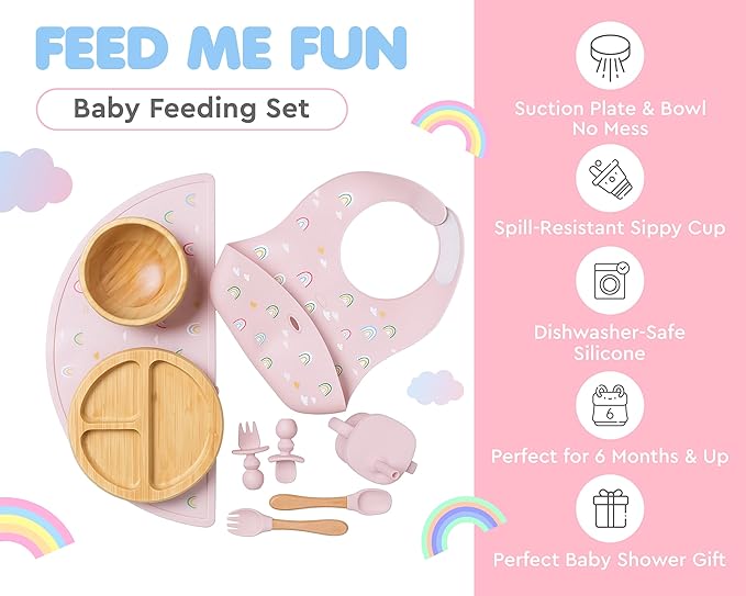 Bamboo Baby Feeding Set for Infants & Toddlers - Baby Essentials, Non-Toxic, Sustainable, Bamboo Suction Plate & Bowl, Bib, Sippy Cup w/Lid & Straw, Daily Use, Travel, Baby Shower Gifts (Pink)-CubbioJoy