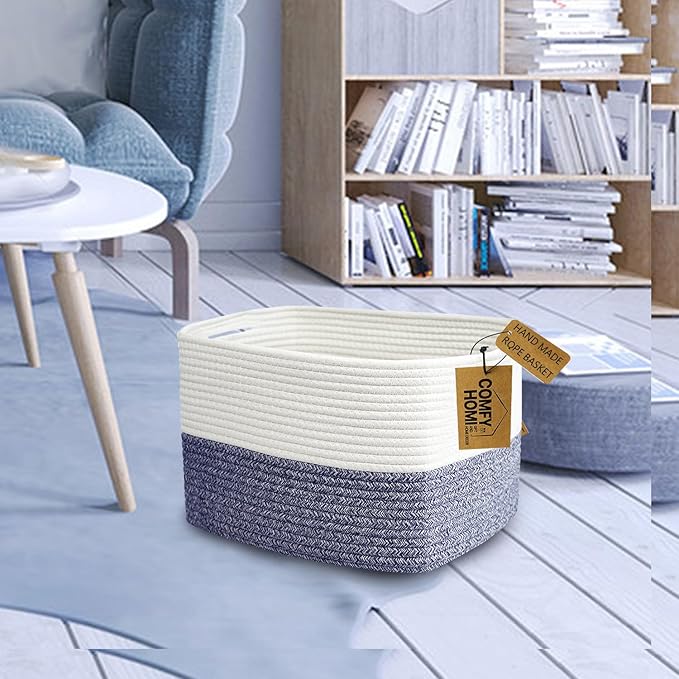 COMFY-HOMI Medium Cotton Rope Basket With Handles for Shelves|Dog Toy|Baby Gift Basket Empty for Organizing|NEW Generation 13.5" x 11" x 9.5" Living Room (Navy Blue)-CubbioJoy