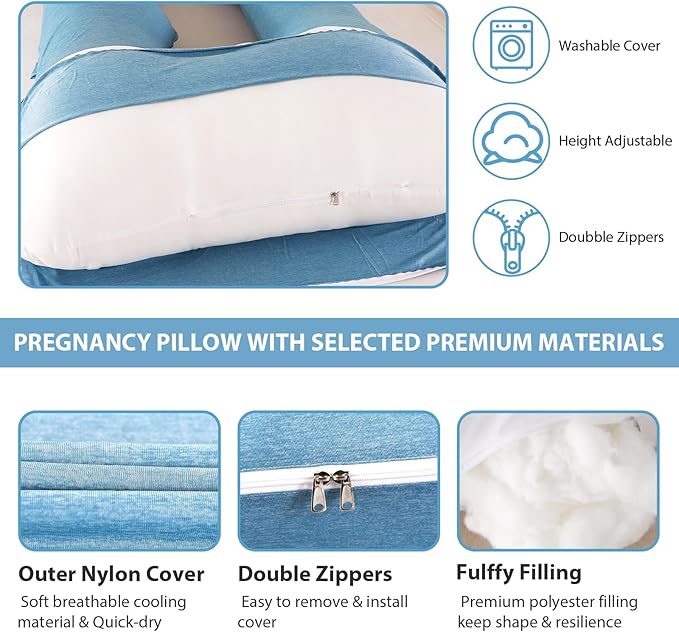 Amagoing Cooling Pregnancy Pillow for Sleeping, U Shaped Maternity Full Body Pillow for Women with Hip, Leg, Back Pain Support, Removable Cooling Cover Included (Light Blue)-CubbioJoy