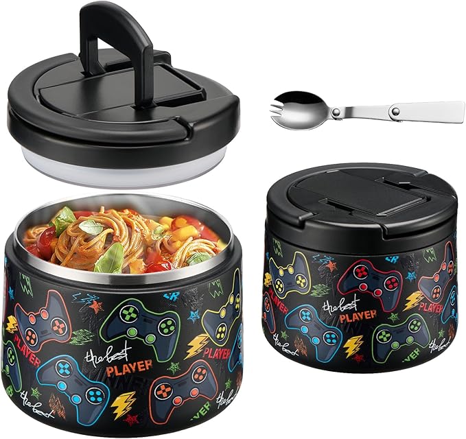14oz Insulated Vacuum Food Jar with Buckle Lid,Soup Thermo for Hot Food Kids,Wide Mouth Leakproof Stainless Steel Lunch Container with Spoon-Black Game-CubbioJoy