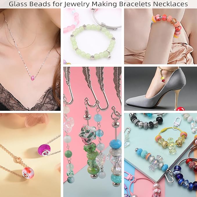 630pcs Beads for Bracelets Making Kit, European Large Hole Beads for Pens, 8mm Round Glass Beads with Charms Spacer Beads for DIY Bracelet Necklace Earring Jewelry Making (Lake Blue)-CubbioJoy