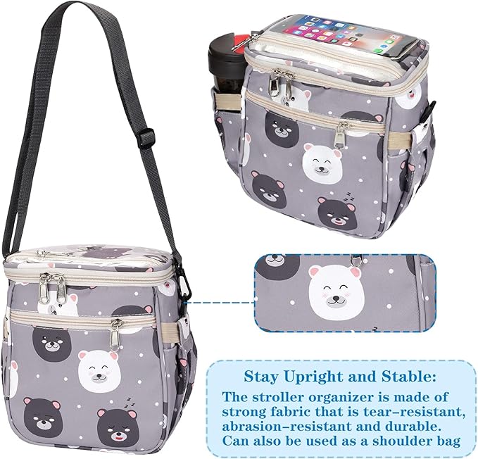 Baby Stroller Organizer Bag，Small Diaper Bag - Universal Stroller Organizer With Insulated Cup Holder,Pocket With Baby Wipes Dispenser，Adjustable Shoulder Strap (Light Gray)-CubbioJoy