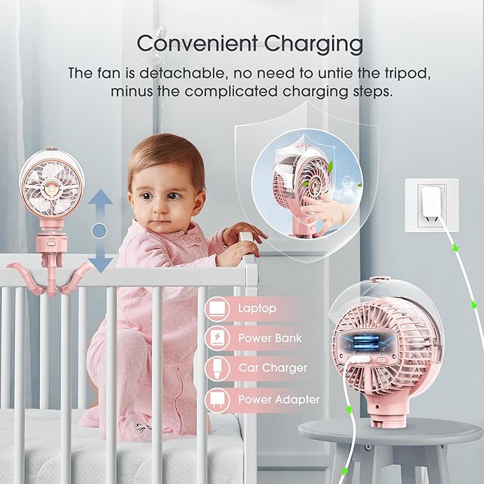 Ausic Stroller Fan with Mist, 100ml Misting Portable Fan for Stroller, Baby Fans with Detachable Tripod, Baby Essentials, Clip on Fans for Crib, Treadmill, Car Seat, Outdoor-CubbioJoy