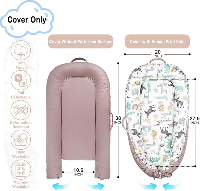 Baby Lounger Cover for Newborns, 100% Cotton Soft Portable Baby Nest Lounger Cover, Breathable Infant Lounger Replacement Cover, Lounger Pillow Cover Fit for Snuggle Me, Cover Only(Animal Pattern)-CubbioJoy