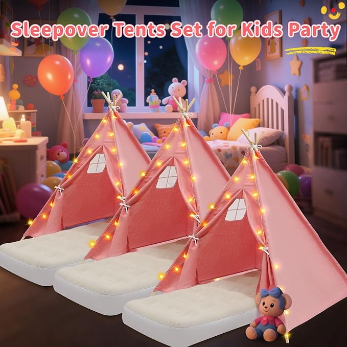 4 Pack Teepee Tent for Kids with Light String and Inflatable Airbed, Slumber Party Tents, Sleepover Tents Party for Girls Boys Indoor Outdoor (Pink)-CubbioJoy