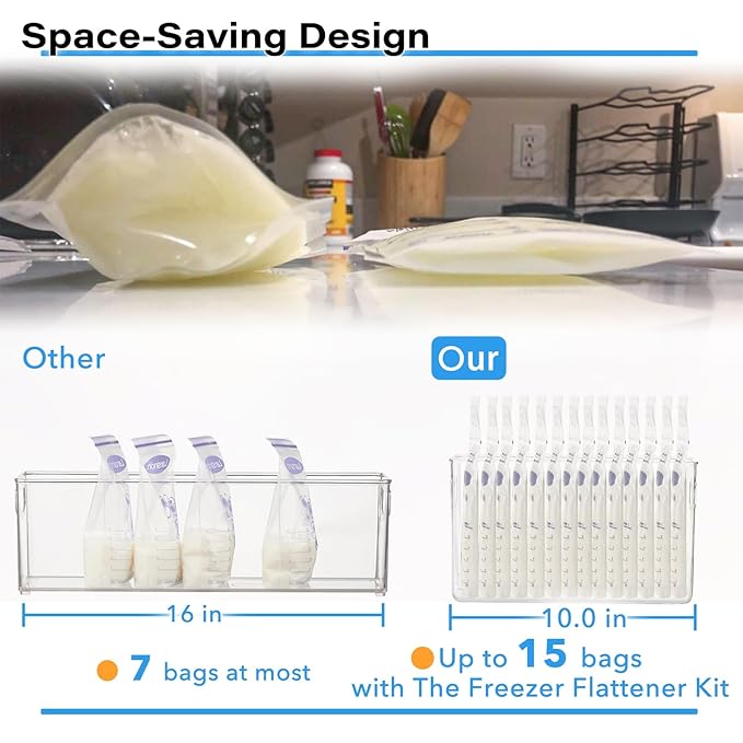 Breastmilk Storage Container with 4 Freezer Flattener Kit to Flatten Standing Breast Milk Bags in Organizer Bins Save Refrigerator Space |Vertical Storage-CubbioJoy