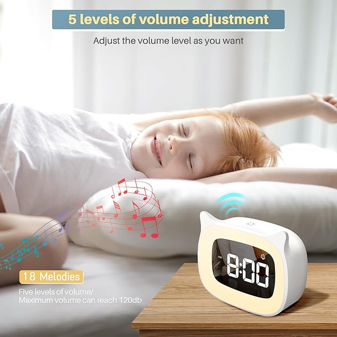 Kids Alarm Clock with Night Light & 18 Ringtones,Rechargeable,Cute Cat Ear Clock for Boys Girls Birthday Presents,Digital Clock for Children's Bedroom(White)-CubbioJoy