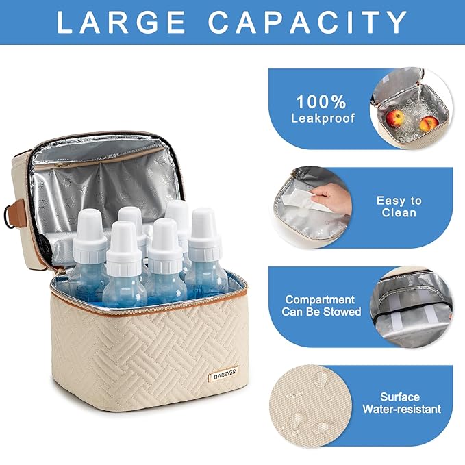 Breastmilk Cooler Bag with Ice Pack Fits 6 Baby Bottles up to 9 Ounce, Breast Milk Pump Cooler Bag with Shoulder Strap for Nursing Mom Daycare, Work, Travel- Cream-CubbioJoy