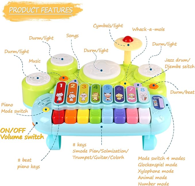 Baby Musical Toys 3 in 1 Piano Keyboard Xylophone Drum Set for 1 Year Old Girls Boys Toys Age 2 Music Instrument Learning Toys Toddlers 1-3 0-2 First Birthday Gift Infant Baby Toys 6 9 12 18 Month-CubbioJoy