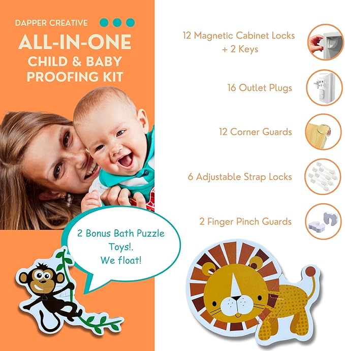 Baby Proofing Kit 67pcs All in One Includes Magnetic Cabinet Locks for Baby Proofing, Corner Bumper Protectors, Child Safety Strap Locks, Power Point Outlet Covers, Finger Pinch Guards & Bath Toys-CubbioJoy