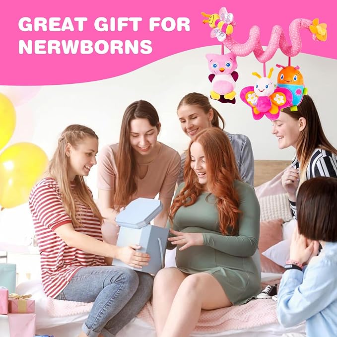 Jollybaby Baby Car Seat Stroller Toys, Plush Activity Hanging Spiral Activity Pram Crib with Music Box, Rattles, Squeaker for Babies Infant Boys Girls(Pink)-CubbioJoy