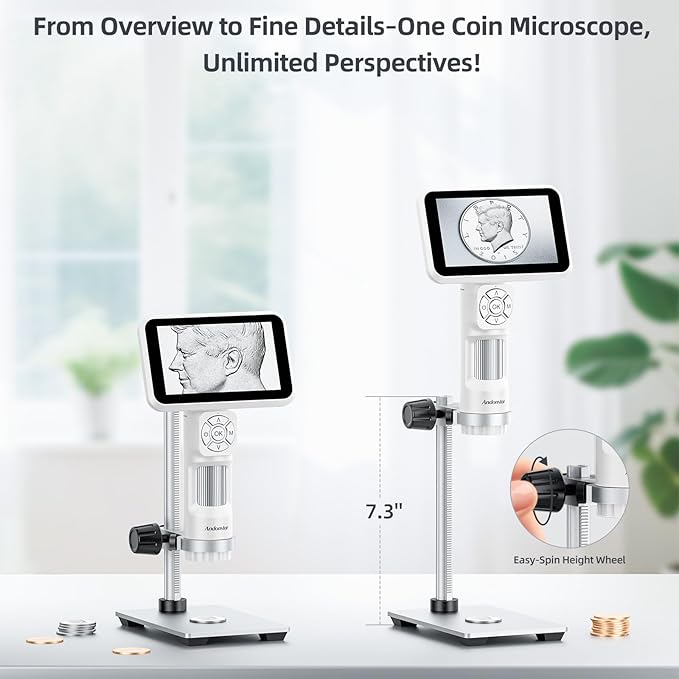 Andonstar Digital Microscope, 5" 1080P Coin Microscope Camera for Error Coin with 7.3" Metal Stand for Adults Kids, Handheld USB Coin Magnifier with 8 Adjustable LED Lights, Windows Mac PC View, AD115-CubbioJoy