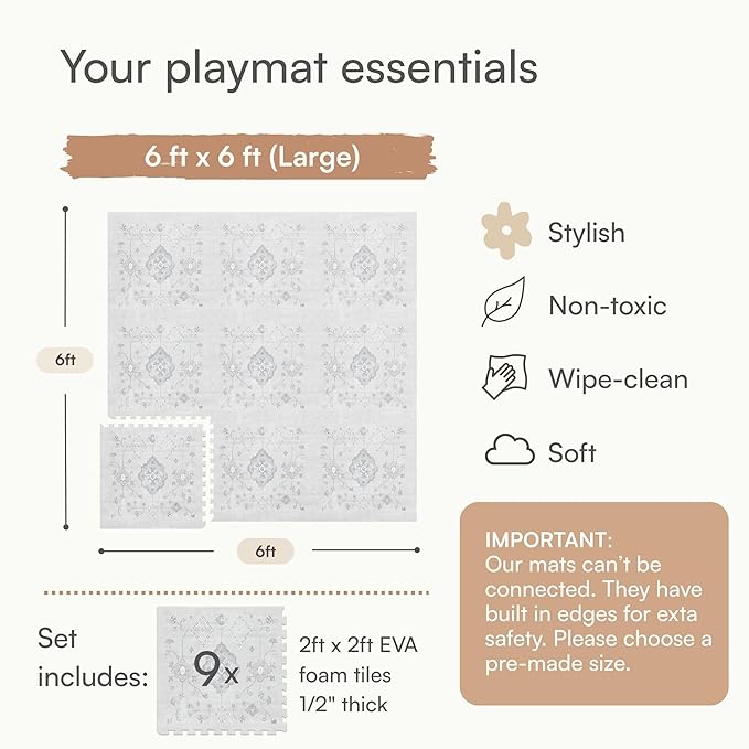 Baby Play Mat for Floor – 6x6ft Vintage Gray | Soft Non Toxic Premium EVA Foam Tiles for Tummy Time, Crawling & Playroom – Waterproof Interlocking Floor Mat for Babies & Toddlers Lillefolk (9 Tiles)-CubbioJoy