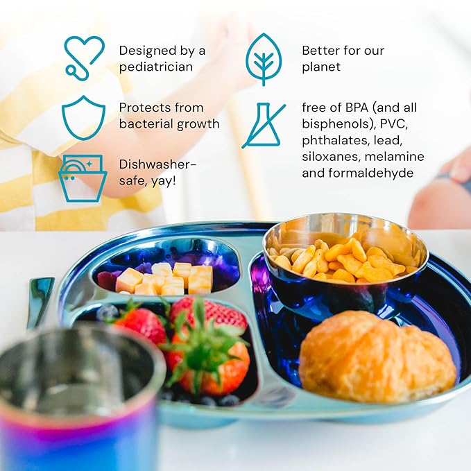 Ahimsa Stainless Steel Kids Dinnerware Set - 5 Piece Stainless Steel Toddler Plates and Bowls Set, Pediatrician Designed, Plastic Free Toddler Plate and Bowl, Kids Utensils and Cup (Blue)-CubbioJoy
