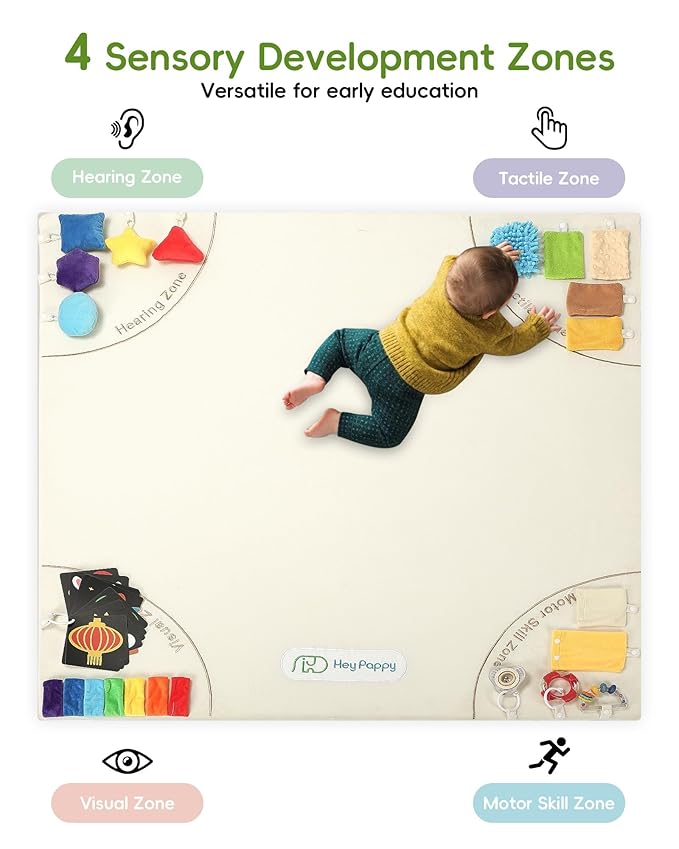 Baby Play Mat, Unique Crawling Mats with 4 Sensory Development Zones for Motor Skills, 50''x50'' Playpen Mats with Non-Slip Cushioned that Fits Nicely Into Any Playroom, Beige-CubbioJoy