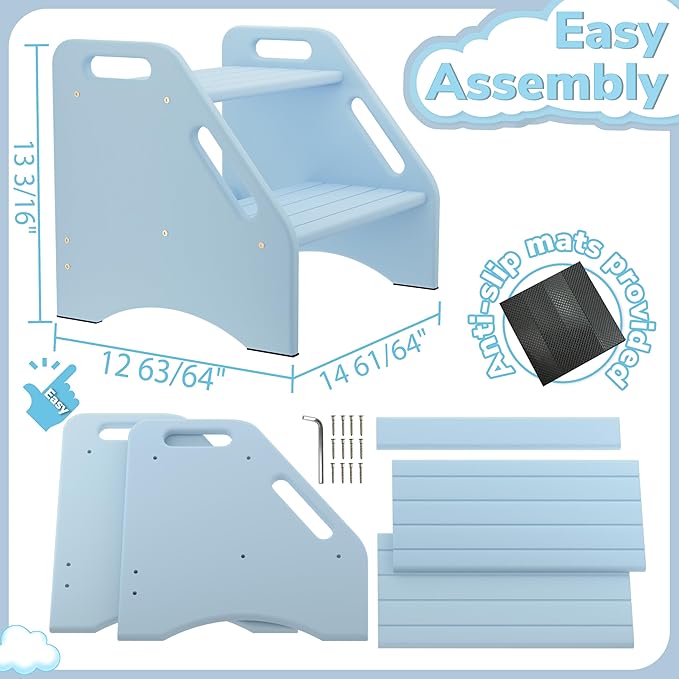 AMBIRD Wooden Step Stool, Two Step Stools 300 lbs Capacity with Safety Non-Slip Pads and Handles, Bamboo Step Stool for Bathroom, Kitchen Dual Height Step Stools for Kids (Sky Blue)-CubbioJoy