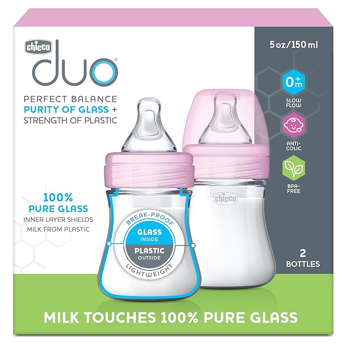 Chicco Duo 5oz. Hybrid Baby Bottle with Invinci-Glass Inside and Plastic Outside | Dishwasher, Bottle Warmer, and Electric Sterilizer Safe | Intui-Latch Nipple | Clear/Grey, 2pk-CubbioJoy