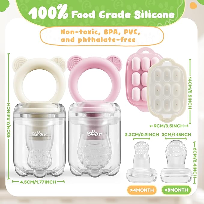 Bear Baby Fruit Food Feeder & Mini Freezer Nibble Tray Combo, 2 Pack Breastmilk Popsicle Molds for Baby Teething Relief, BPA Free Silicone Feeder for Safe Infant Self Feeding, Dishwasher Safe-CubbioJoy