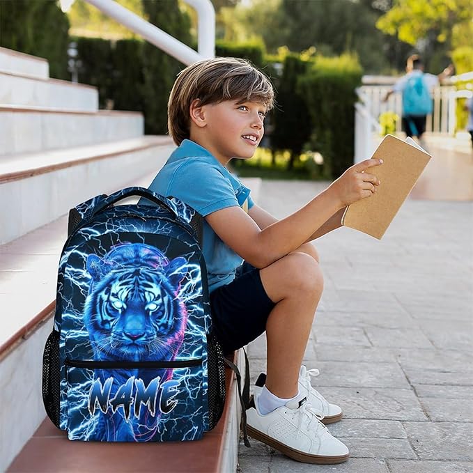 Boys School Backpack, Personalized Tiger Backpacks with Name for Kids Kindergarten Primary Senior Middle, 17 Inch Durable Personalized Cool Lightning Bookbag for School-CubbioJoy