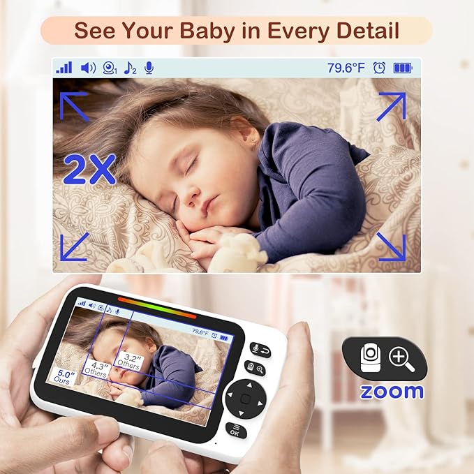 Baby Monitor with 30-Hour Battery, 5" Large Split-Screen Video Baby Monitor with Camera and Audio, 3500mAh Battery, Remote Pan/Tilt/Zoom Camera, Two-Way Talk, Night Vision, Lullabies, No WiFi-CubbioJoy
