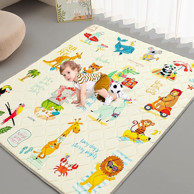 Baby Play Mat - Thicken 71x59 Inch Soft Foam Crawling Mat for Playpen & Floor, Non-Slip Waterproof Playmats for Infants & Toddlers, Portable Foldable & Machine Washable, Beach Animals-CubbioJoy