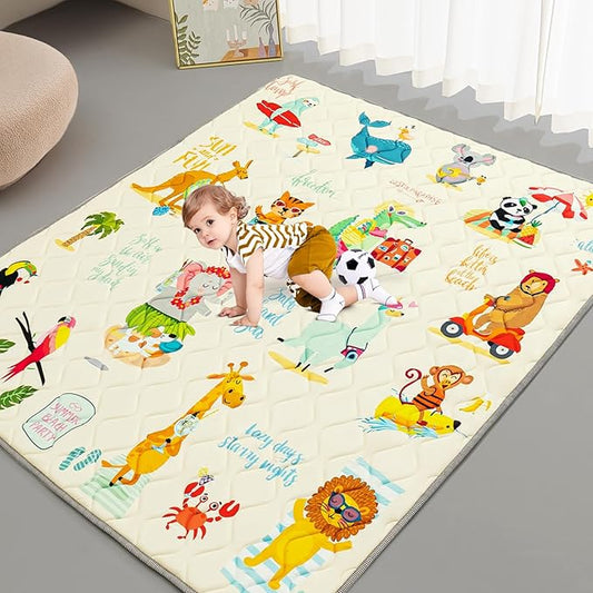 Baby Play Mat - Thicken 71x59 Inch Soft Foam Crawling Mat for Playpen & Floor, Non-Slip Waterproof Playmats for Infants & Toddlers, Portable Foldable & Machine Washable, Beach Animals-CubbioJoy