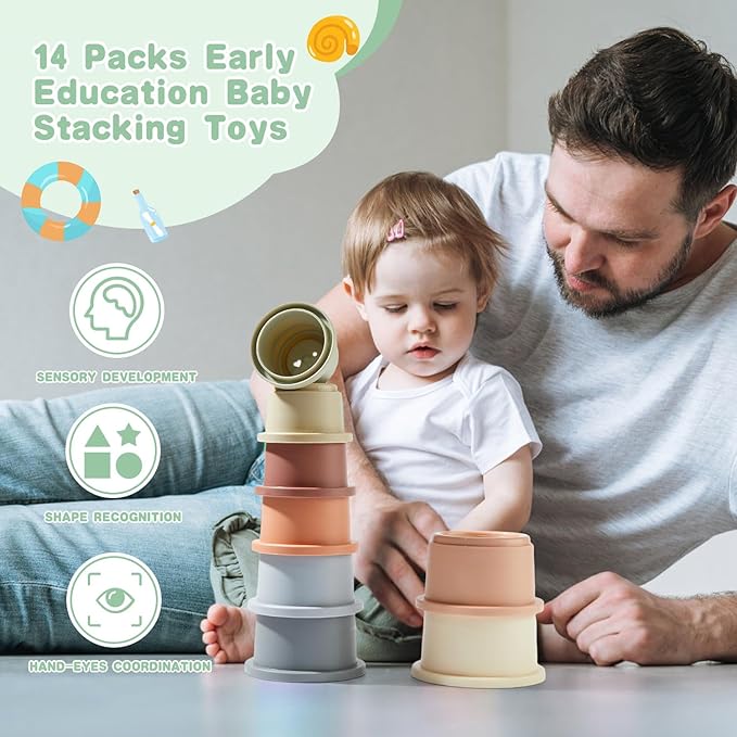 Baby Bath Toys for Kids Ages 1-3, 14 PCS Mold Free Bath Toys for Toddler with Stacking Cups & Bath Spoons, Bathtub Water Toys for Babies 6-12 Months Early Learning Educational Gifts-CubbioJoy