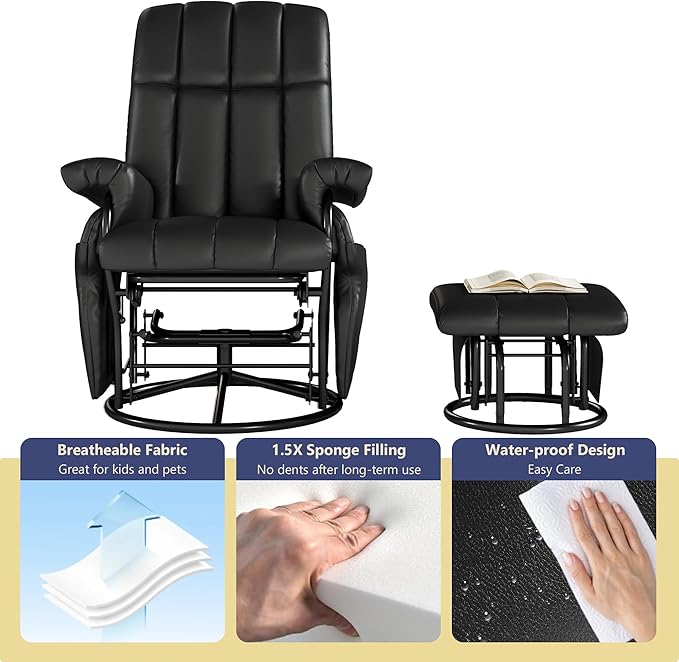 AODAILIHB Swivel Glider Recliner with Ottoman, 360 Rocking Chair with Foot Rest Recliner Chair Indoor Rocking Chair with Side Pockets Nursery Chairs for Living Room, Bedroom, Office (Black)-CubbioJoy