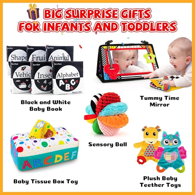 Baby Gifts Set,Infant Toys Set with Tummy Time Mirror,Plush Teethers,High Contrast Baby Books,Rattle,Tissue Box Toy,Sensory Ball for Boys Girls,Perfect Sensory Toys Gifts Basket for Shower Birthday-CubbioJoy