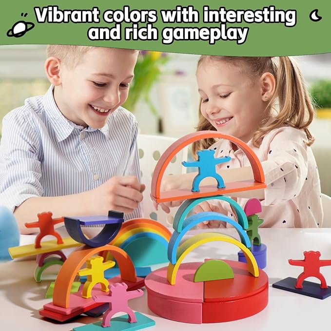 40-Piece Wooden Rainbow Stack Set, 4-in-1 Building Blocks preschoolers Early Development & Activity Toys Montessori Toys for Kids 3, 4, 5, 6 Years and Older Gifts for Boys and Girls-CubbioJoy