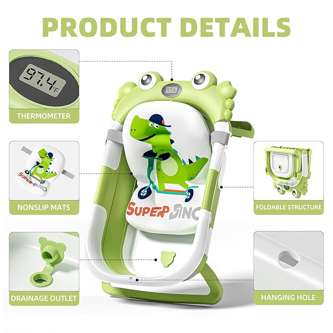 Collapsible Baby Bathtub for Newborns to Toddler with Real-time Temp Monitor & Floating Cushion,Portable Travel Tub for 0-36 Month, Foldable Baby Bath Tub for Infants(Green)-CubbioJoy